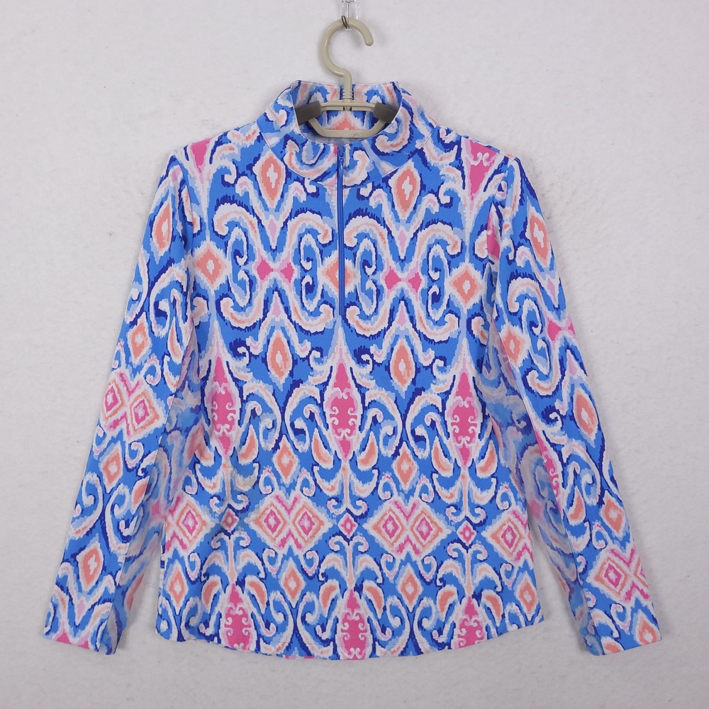 IBKUL Shirt Womens Small Blue Pink Ikat Half Zip Activewear Top Golf Tennis